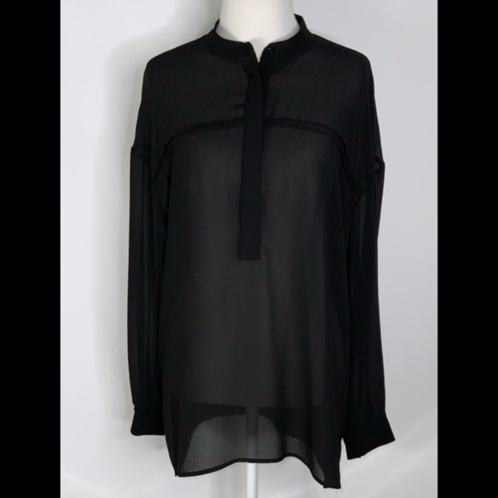Anthropologie Ro & De Black Sheer Long Sleeve Flat Collar Modest Blouse Small